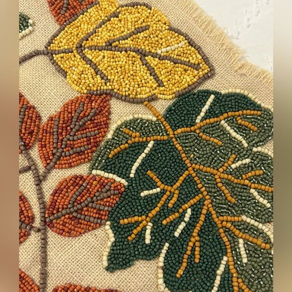 HTF New-World Market Pier Autumn Leaves Fall Beaded on Burlap Table Runner 36x14 - Picture 3 of 7